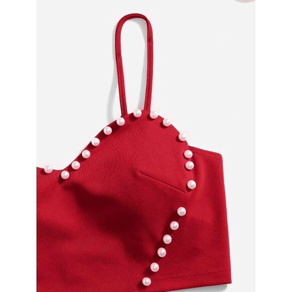 ❤ Cute Heart Shaped Crop Top Pearls Trim NEW - Picture 6 of 16